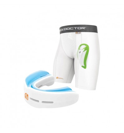 BLACK WEEK 2025: Shock Doctor Ochraniacz szczęki Nano Double (biały) + Spodenki kompresyjne z suspensorem Bioflex (białe)